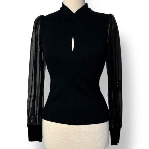 NWT Lola & Sophie Camille Twisted Neck Blouse Silk Chiffon Sleeves Black Sz XS - Picture 2 of 8